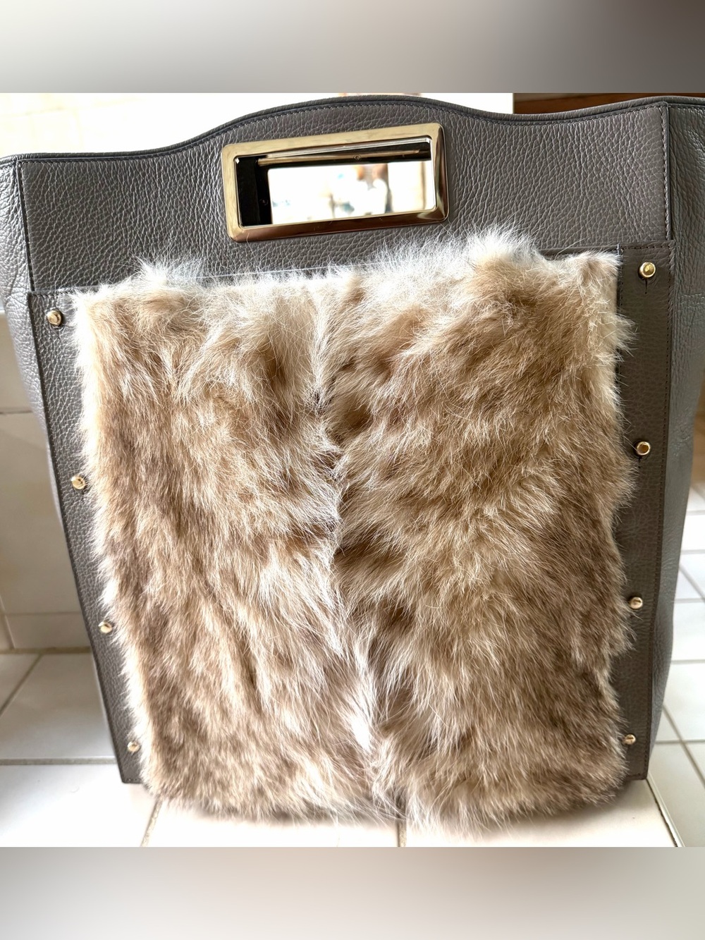 Faux Fur Accent Gray Leather Tote Bag - Stylish Women's Handbag